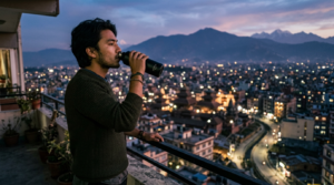 Man drinking water on balcony