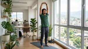 Man stretching in modern office